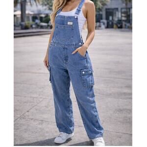 Lana Roux XL Denim Bib Overalls Medium Wash Cargo Pockets NWT